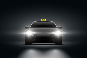 Taxi car front view in dark. Vector background night front view taxi car flash light head design. - obrazy, fototapety, plakaty