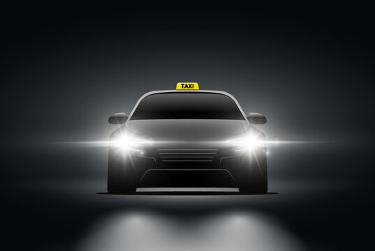 Taxi car front view in dark. Vector background night front view taxi car flash light head design.