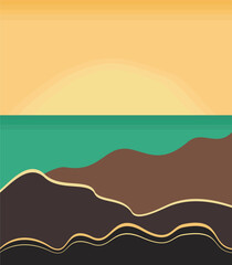 Vector bright landscape. Sunset. Sea and mountains.