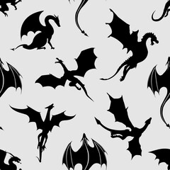 Black and white seamless pattern made up of dragons and wyverns. Endless pattern for printing on package, wrappers, cards, clothes or accessories. Wallpaper or poster for series House of the Dragon.