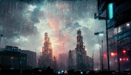 Raster illustration of technological city under the rain in postmodern style. Distant future, robots, collective mind, artificial intelligence, chipization, science. Modern concept. 3D artwork raster - obrazy, fototapety, plakaty