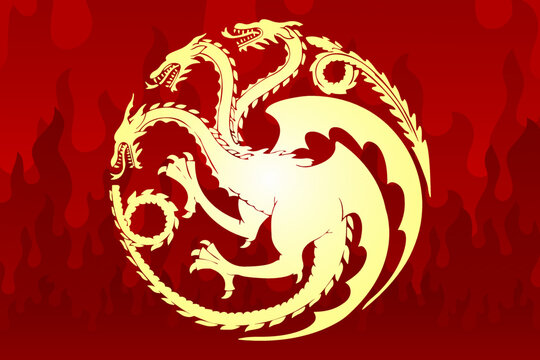 Three-headed gold dragon as emblem of the house Targaryen. Poster of the gold dragon for the series House of the Dragon - prequel Game of Thrones. Vector illustration as print, pattern or wallpaper.