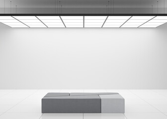 Empty white wall in modern art gallery. Mock up interior in minimalist style. Free, copy space for your artwork, picture, text, or another design. Empty exhibition space. 3D rendering.