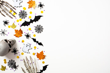 Happy Halloween holiday concept. Halloween decorations on white background. Flat lay, top view,...