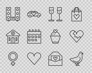 Set line Female gender symbol, Dove, Glass of champagne, Heart, Home stereo with two speakers, Calendar, Envelope Valentine heart and Broken or divorce icon. Vector