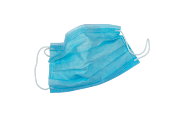 Used blue medical nonwoven fabric face mask with elastic ear loops isolated transparent png. Plastic pollution problem. Covid-19 environmental issue.