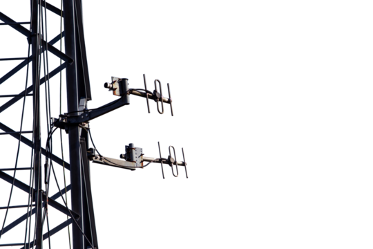 Telecommunication aerial antennas on the metallic mast black silhouette isolated transparent png - Powered by Adobe