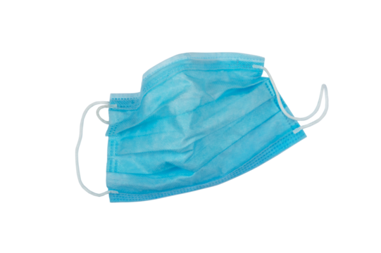 Used blue medical nonwoven fabric face mask with elastic ear loops isolated transparent png. Plastic pollution problem. Covid-19 environmental issue.