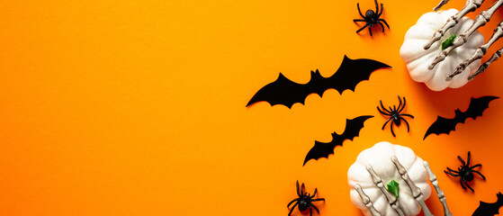 Happy Halloween holiday banner template. Bats, pumpkins, spiders on orange background