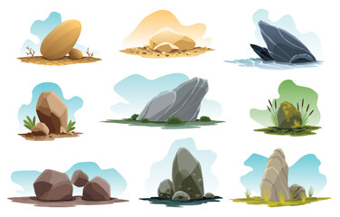 Boulder rock stones. Debris of the mountain. Cartoon stones and elements for game in flat style on color background. Flagstone rocky vector illustration