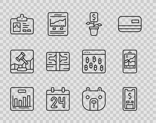 Set line Pie chart infographic, Mobile with dollar, Dollar plant, Calendar, Identification badge, Stacks paper money cash, Bear market and stock trading icon. Vector