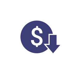 Fototapeta premium Cost reduction icon price lower arrow. Vector low cost money crisis line icon