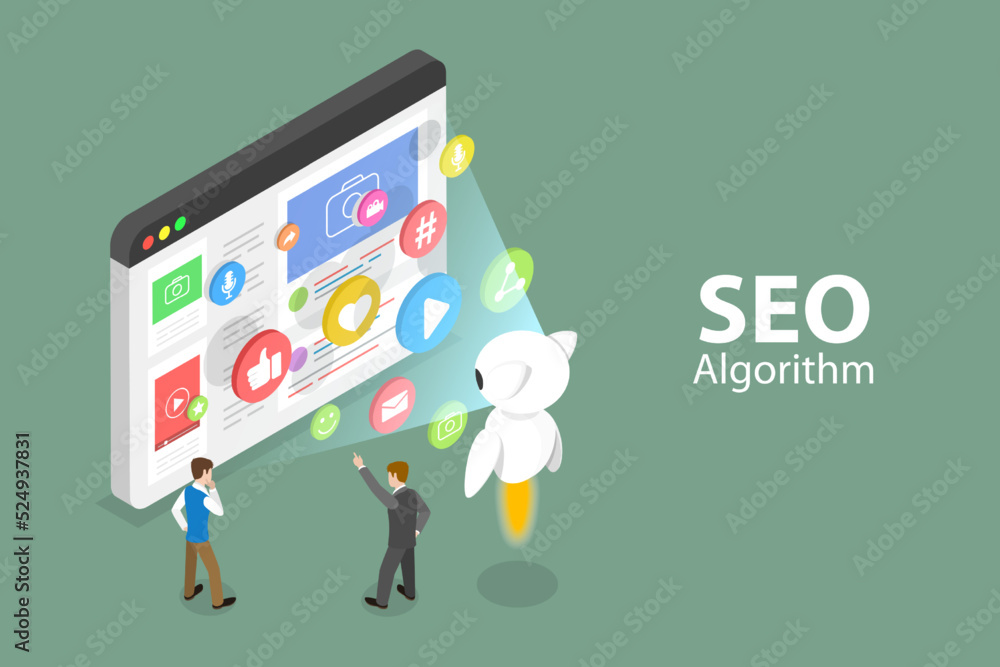 Poster 3d isometric flat vector conceptual illustration of seo algorithm, search engine crawler