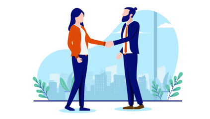 Businesswoman and businessman handshake - Man and woman shaking hands in business deal and agreement. Flat design vector illustration with white background