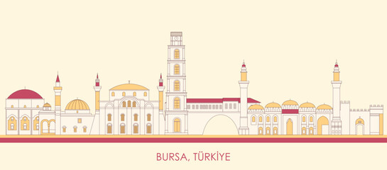 Cartoon Skyline panorama of city of Bursa, Turkiye - vector illustration