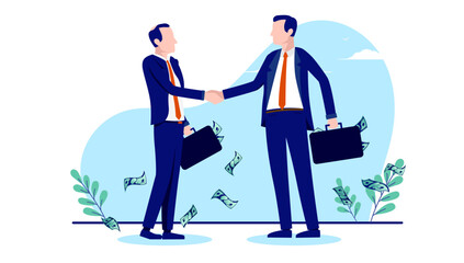 Business handshake illustration with two businessmen shaking hands over profitable deal and agreement. Flat design vector with white background