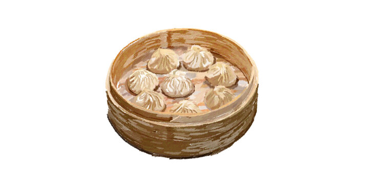 Hand painted picture of Chinese dumplings dim sum on wooden plate isolated on white background 