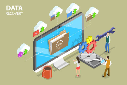 3D Isometric Flat Vector Conceptual Illustration of Data Recovery, Storage Backup and Hard Drive Repair Service