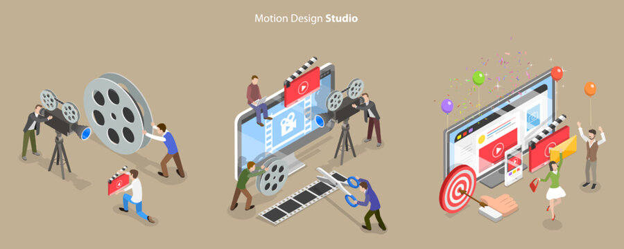 3D Isometric Flat Vector Conceptual Illustration of Motion Design Studio, Video Marketing Service