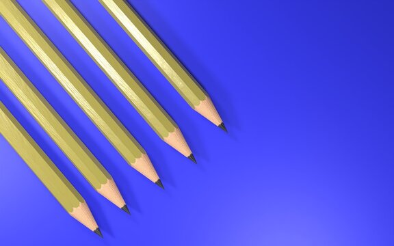 3d Rendering Four Yellow Pencils On A Blue Background