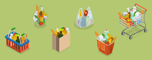 Fototapeta premium 3D Isometric Flat Vector Conceptual Illustration of Shopping Bags, Different Grocery Sets