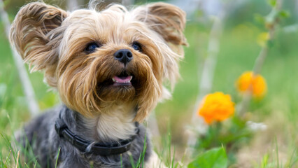 Yorkshire Terrier puppy sitting on the grass close to flowers. Funny small York puppy on golden hour time photography. close up