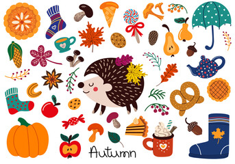 Fototapeta premium Collection of illustrations of assorted colorful elements representing autumn concept including leaves and harvest and food isolated on white background