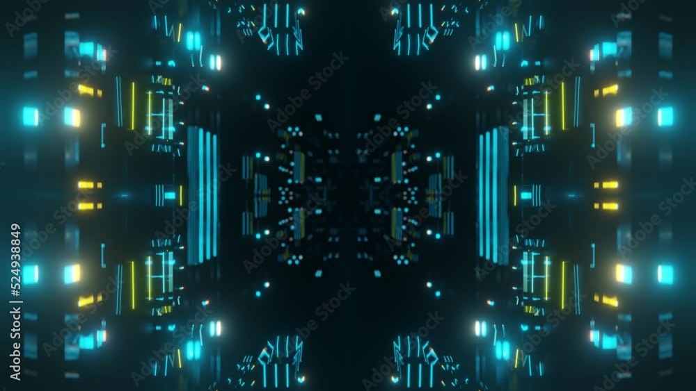 Poster fly through symmetrical technology cyberspace with neon glow. sci-fi flight through hi-tech technolo