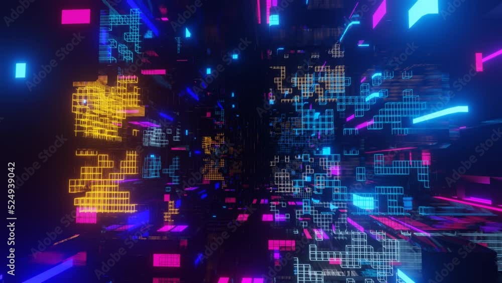 Poster abstract frames and boxes. fly through technology cyberspace with neon glow. sci-fi flight through h