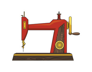 Sewing machine. Retro design form of tool for sewing. Colorful equipment of dressmaker. Vector illustration in flat style