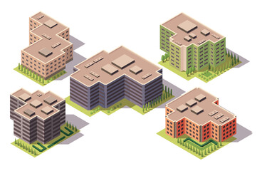 Collection isometric offices. Town apartment building. Architectural vector 3d illustrations. Infographic elements. City house compositions