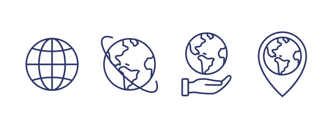 World globe line icon. Vector Earth global country map planet line icon. Travel internet globe set