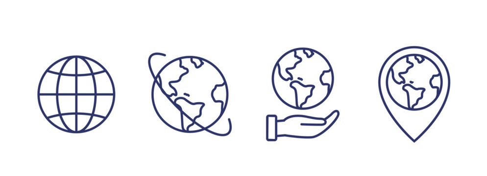 World globe line icon. Vector Earth global country map planet line icon. Travel internet globe set