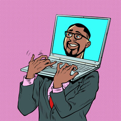 Pop art african american businessman with laptop laptop instead of a head. An electronic device carrying a computer. Office work - 524939809