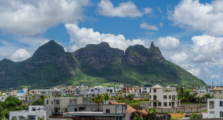 Moka mountain range and its summit Pieter Both viewed from a residential area of the town of Quatre Bornes, Mauritius