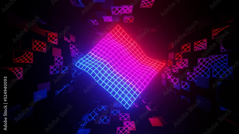 Poster vj loop mirror room with fly neon frame waving surface. abstract festive bg with bright reflection. 