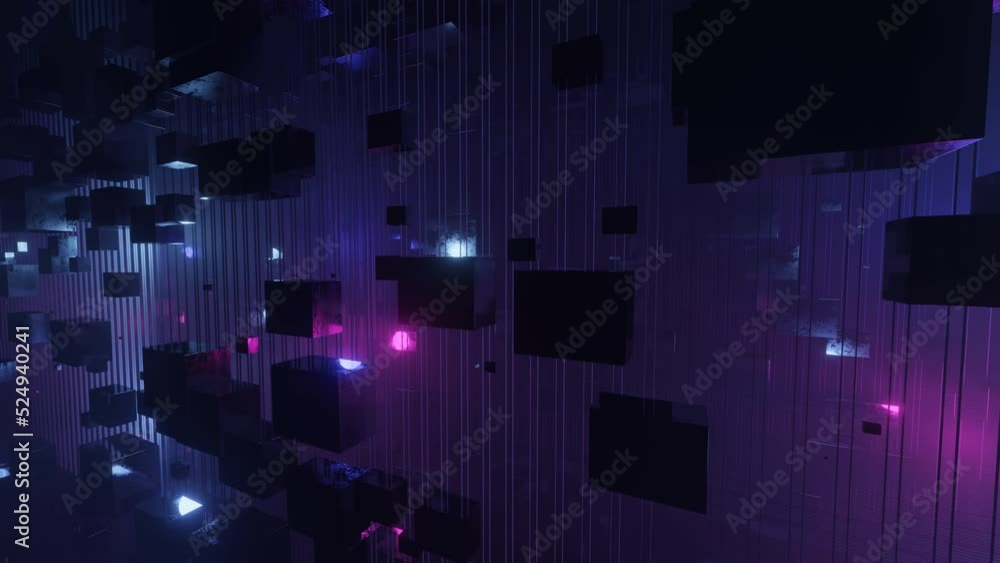 Poster fly through technology cyberspace with neon glow. sci-fi flight through hi-tech technology tunnel. h