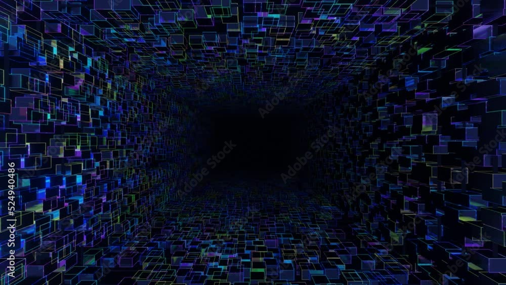 Poster glow boxes. 4k seamless looped animation. fly through mirror tunnel with neon pattern, glow lines fo