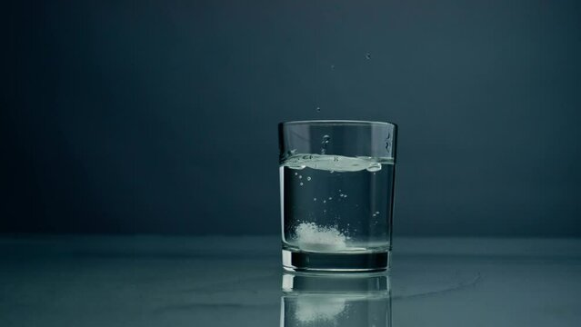 Effervescent Tablet Falling Glass With Water Closeup. Dropped Medicine Bubbling