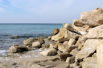 Fototapeta na wymiar Stones and shells in a city park on the Mediterranean coast.