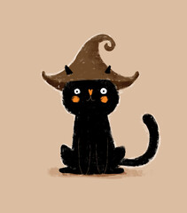 Cute Infantile Style Halloween Vector Art with Black Cat in a Witch Hat on a Light Brown Background. Sweet Halloween Kitty. Lovely Hand Drawn Kitten Print ideal for Wall Art, Poster, Cat Lovers.