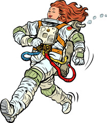 Pop art Astronaut woman winner proudly walks forward. Astronaut space suit