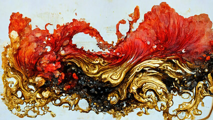 Abstract illustration alcohol ink with gold and red color on marble. Generative AI