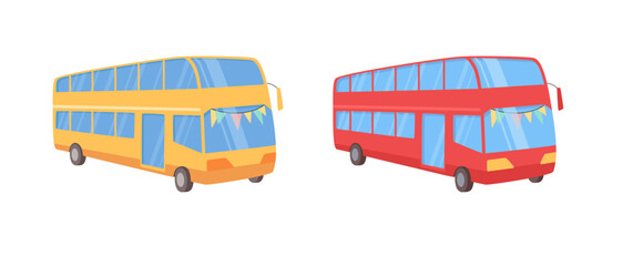 Bus. Illustration in a flat style on an isolated background. Cheerful bright tourist bus for travel. Yellow and red buses with flags on the front glass.