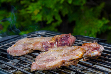 Baking grilled pork meat in the garden