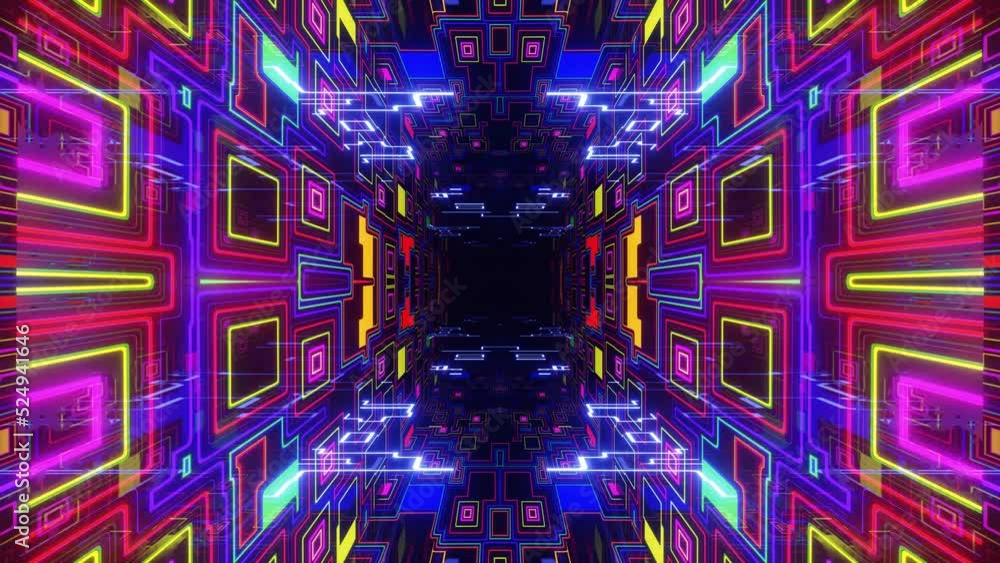 Poster fly through symmetrical technology cyberspace with neon glow. sci-fi flight through hi-tech technolo