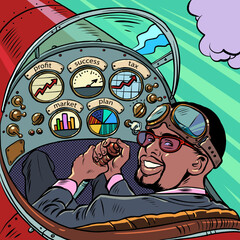 cockpit of a retro aircraft, the african american pilot leads the airplane. Pilot profession © studiostoks