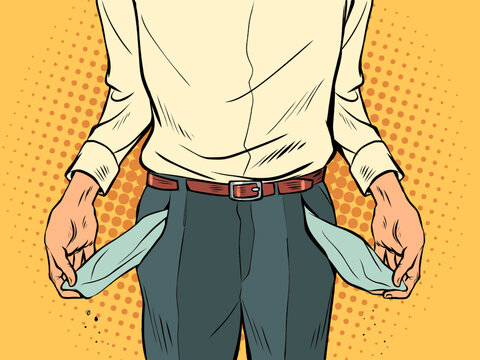 man with empty trouser pockets, economic recession. poverty. lack of money and income. Unemployment
