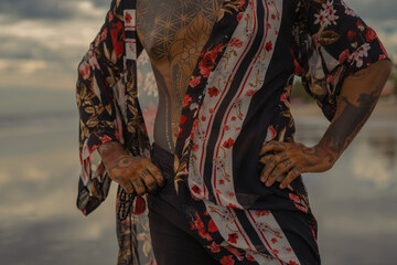 Handsome tanned tattooed sexy man with a naked torso in a flying poreo on the ocean at sunset.