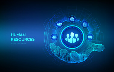 Human Resources. HR symbol in robotic hand. HR management, recruitment, employment, headhunting business concept. Human social network and leadership. Vector illustration.